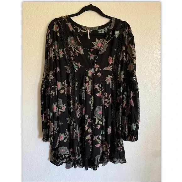 Dresses | Women Free People Black Floral Shirt Dress Balloon Sleeve Soft  Flowy Fit Size M | Poshmark